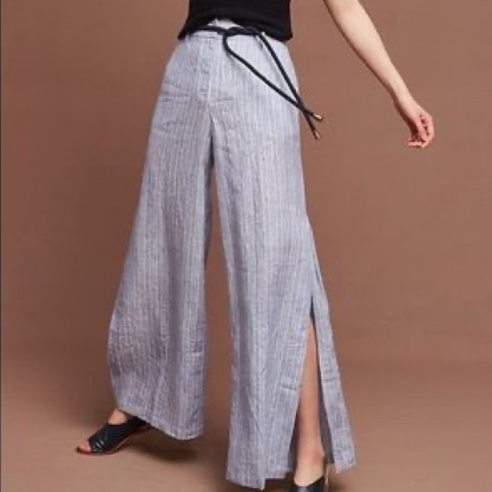 ANTHROPOLOGIE ELEVENSES 100% Linen Striped Wide Leg Pants Side Slit